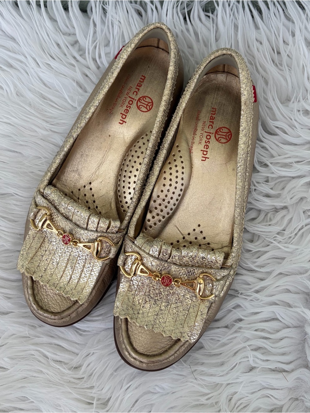 Marc Joseph Gold Metallic Fringe Kiltie Loafers Sz 7 X